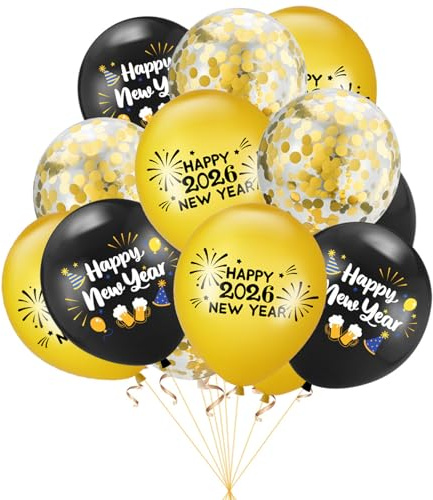 Koboko Silvester Deko 2026 Luftballon, 15 Stk Luftballons 2026 Neujahr Gold Schwarz, Deko Silvester Ballon 2026, Happy New Year 2026 Neujahr Deko Latexballons Set, Ballons Schwarz Gold Deko Party 2026