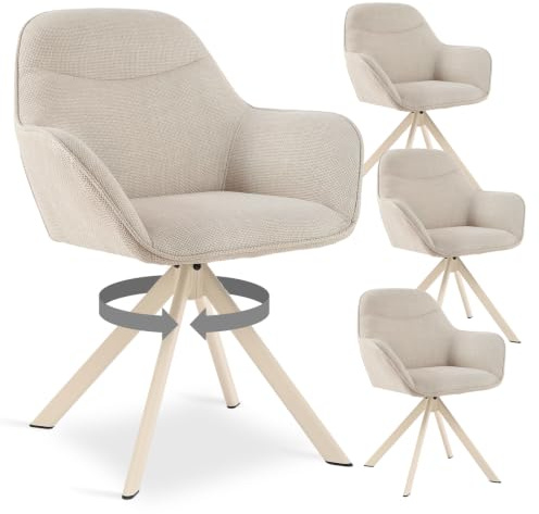 Goeurvant Esszimmerstühle Drehbar 4er Set mit Armlehne, 360° drehbar, Polsterstuhl Leinen, Drehstuhl Esszimmer Beige, Küchenstuhl mit Beige Metallbeine für Esszimmer, Wohnzimmer, Büro