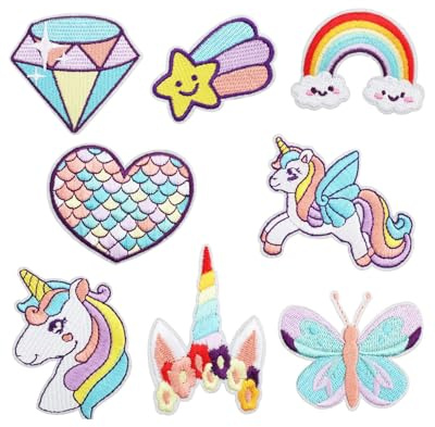 HUVZOR 8 Stück Bügelflicken Kinder, Regenbogen Stern Herz Schmetterling Diamant Nähen auf bestickte Applikation Reparatur Stickerei Patch DIY Handwerk Zubehör für Kinder Mädchen Kleidung Rucksack