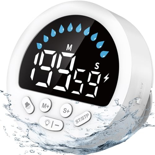 NOKLEAD Temporizador de ducha impermeable IPX5 con función de cuenta regresiva y cuenta atrás, soporte de pared con ventosa, cronómetro con cuerda para colgar para cocina, baño, baño, piscina (blanco)