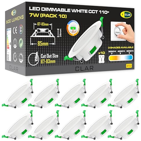 CLAR - Spot LED Encastrable Salle de Bain, Spots de Plafond, Spot LED Encastrable Salle de Bain, Spot LED Dimmable, Découpe Ø67-83mm, 7W CCT (Pack 10)