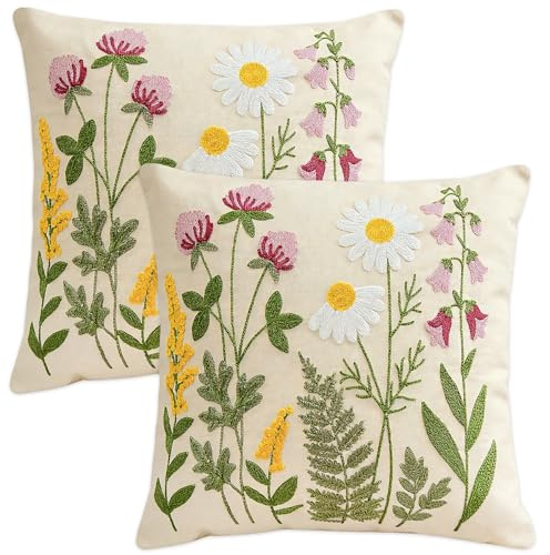 VEEKAY 2er Set 45x45cm Kissenbezug Bestickte,Stickerei Bunte Blumen Kissenhüllen,Zierkissenbezug,Dekokissen Kissenbezüge,für Sofa Schlafzimmer Couch Kissen