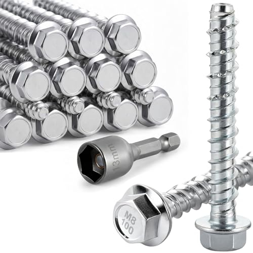 20 Stück Betonschrauben Ohne dübel, M8x100mm Betonschrauben Sechskantkopf, Betonschraube verzinkt mit Scheibe Mauerschrauben mit Sechskant Verbindungsschrauben für Mauerwerk, Beton, Architektur