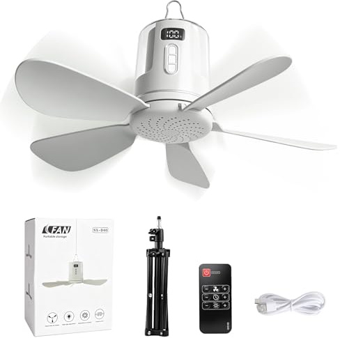 40cm Deckenventilator Akku, 12000mAh wiederaufladbarer Ventilator Lampe Decke mit Fernbedienung & LED Licht, 4 Windstufen und Zeitschaltuhr Leiser Deckenventilator für Hausgebrauch and Freien