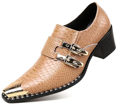 TvzsiY Zapatos de Vestir sin Cordones para Hombre con Hebilla, Zapatos Oxford Punta Puntiaguda y tacón Alto for Negocios y Eventos,Beige,44 EU