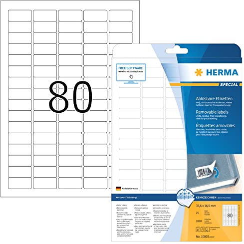HERMA 10003 Universal Etiketten ablösbar, 800 Blatt, 35,6 x 16,9 mm, 80 pro A4 Bogen, 64000 Stück, selbstklebend, bedruckbar, matt, blanko Papier Klebeetiketten Aufkleber, weiß