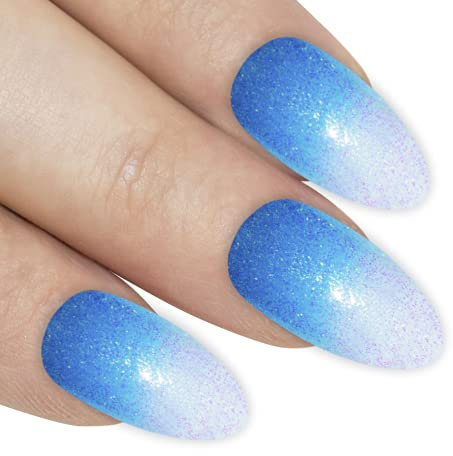 Bling Art False Nails Blue Gel Ombre Almond Stiletto Fake Long Acrylic Tips