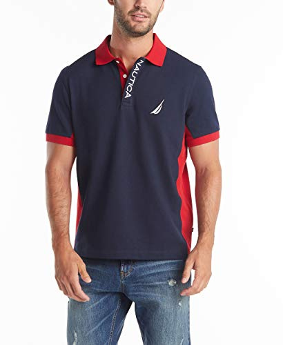 Nautica Men's Short Sleeve Color Block Performance Pique Polo Shirt, Navy, XL