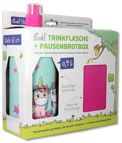 Emil Trinkflasche aus Glas inkl. Brotbox & Ersatzverschlüsse – Starterset zur Einschulung - BPA-frei & schadstofffrei, isolierend – Ziehverschluss für Wasser, Saft & Milch – Unicorns (0,4l)