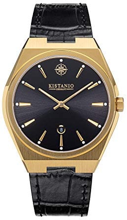 Kistanio Milano Herrenuhr mit Echtlederarmband 10ATM Saphirglas Vergoldet Schwarz GO-BK-L-BK