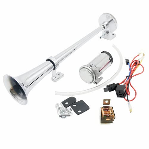YIYIDA Car Horn Air Horn 12V 150DB Horn 45cm Car Speaker Silver Chrome Zinc Single Trumpet Super Loud Horn with Air Pump Truck Horn for any 12V vehicle car truck van train motorcycles SUV boat etc