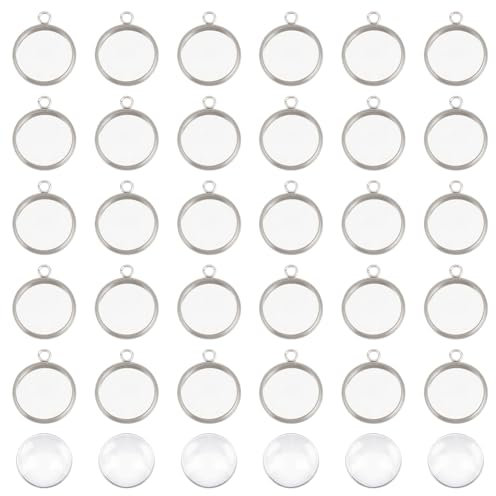 UNICRAFTALE 40 Sets 12mm Lünette Anhänger Flache Runde Cabochon Rohlinge Anhänger Edelstahl Lünette Cabochon Set Cabochon Schlüsselanhänger Mit Transparente Glas Cabochons Für Schmuckherstellung