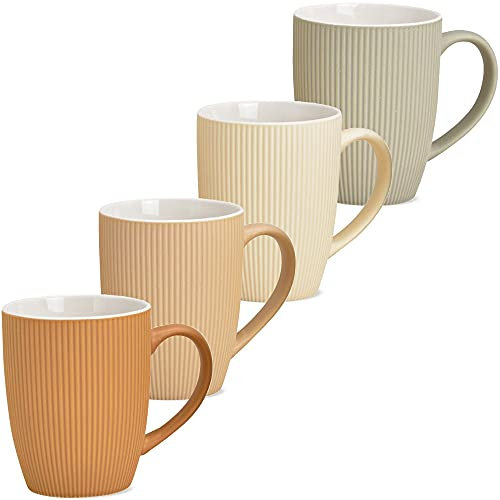 Tassen 4er Set in orange beige creme und grau - Schöne Steingut Kaffeetassen in 300ml für Cappuccino Kaffee Tee - Tolle Kaffeebecher spülmaschinenfest und mikrowellengeeignet als Geschenk