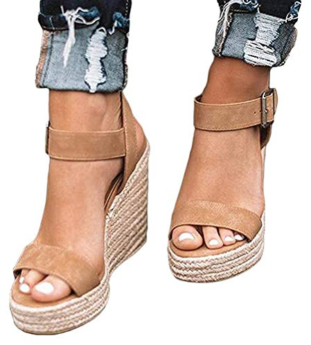 Minetom Sandali Donna Zeppa Plateau Estivi Sandali Punta Aperta Spiaggia Sandaletti Fibbia Sandalo Cinturino Caviglia Con Perla Di Strass Scarpe C Cachi 34 EU
