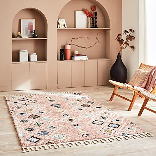 Nazar Tapis Berbere Salon, Tapis Berbere a Franges, Tapis Shaggy, Tapis Berbere Multicolore, Motifs Losanges géométriques, Lavable, Moelleux, Poils Longs, Tapis Berbere (120x170 cm, 3144 Rose)