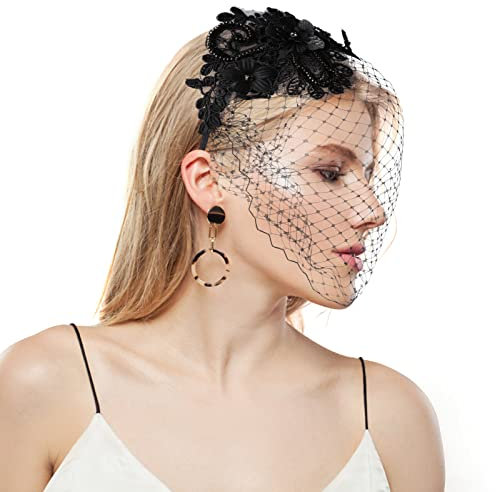 Fascinators Hut Vintage Schwarz Schleier Fascinator Mesh Spitze Stirnband Tea Party Kopfbedeckung mit Schleier Cocktail Tea Party Kopfbedeckung für Mädchen und Frauen