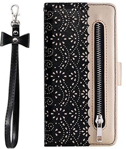 HUHI Étui portefeuille compatible avec Huawei P20 Pro - Fermeture éclair - Fleur - En cuir synthétique - Avec cordon - Pour Huawei P20 Pro - Noir