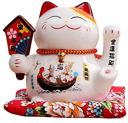 XIYUAN 7 Inch Waving Cat - Ceramic Japanese Lucky Cat, Feng Shui Decorative Desktop Ornament for Home or Office
