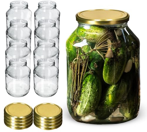 KADAX Glass Jars 2.5 L, Round Preserve Storage Jars with Wide Mouth, Large Preserving Jars for Fermenting, Pickling Cucumbers (Set of 8, Gold Lids)