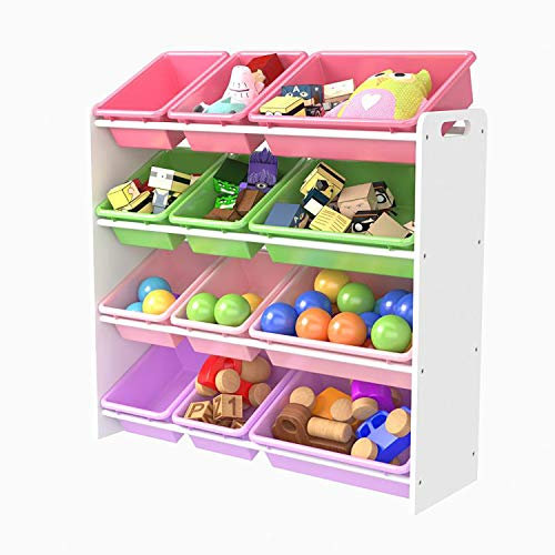 Xample® Children's Toy Storage Unit - Toy Box Organiser With Bookshelf and Non-woven Fabric or Plastic Removable Bin Large Cabinet Rack (Toy Organiser with 12 Plastic Bin Box)