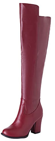Lroey Reoly Stivali da Donna con Tacco a Blocco Sopra Il Ginocchio Stivali Invernali con Tacco Alto Punta Tonda Stivali Lunghi con Zip Vino Rosso Numero 39 EU