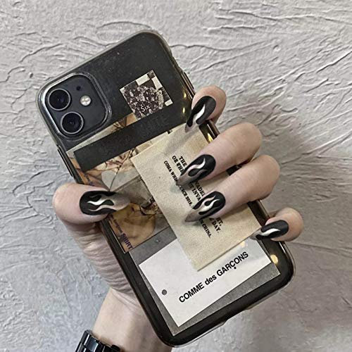 Allereya Longs Ongles En Amande À Presser Gothique Flamme Gradient Faux Ongles Noir Ombre Clip On Nails Full Cover Acrylic Nails Tips False Nails Art For Women And Girls 24 Pieces