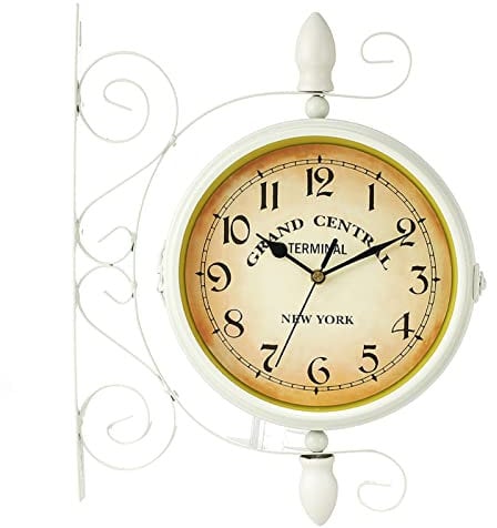 Tuzsocr Bahnhofsuhr,Doppelseitige Wanduhr 35 x 28 cm Eisen Weiss Garten Uhr