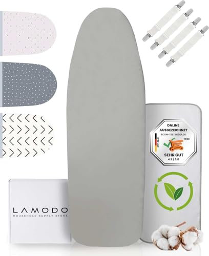 lamodo® - Bügelbrettbezug 150x50 - Bügelbezug aus 100% Baumwolle - Dampfbügelgeeignet - Extra Dicke Polsterung + Gummizug und Spanner, XXL 145-150 x 45-55cm