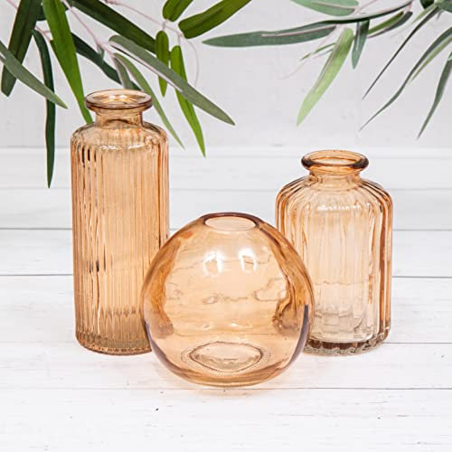 Set of 3 Amber Vintage Glass Ribbed Bottle Flower Display Bud Vases