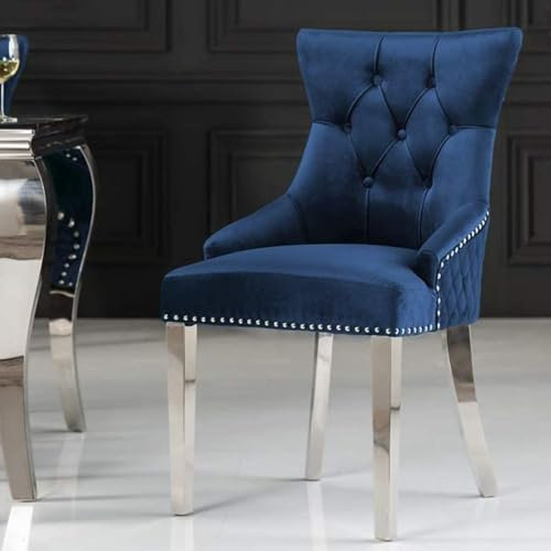 LEBENSwohnART Edler Stuhl Leon Samt blau Löwenkopf Chesterfield Edelstahlbeine Esszimmerstuhl Barock