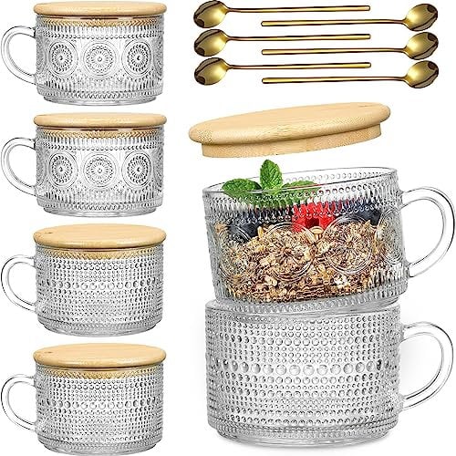 LANDNEOO 6 Pack 14oz Vintage Glass Coffee Mugs with Bamboo Lids and Spoons, Green Embossed Drinking Glasses for Iced Coffee, Tea, Latte