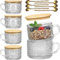 LANDNEOO 6 Pack 14oz Vintage Glass Coffee Mugs with Bamboo Lids and Spoons, Green Embossed Drinking Glasses for Iced Coffee, Tea, Latte