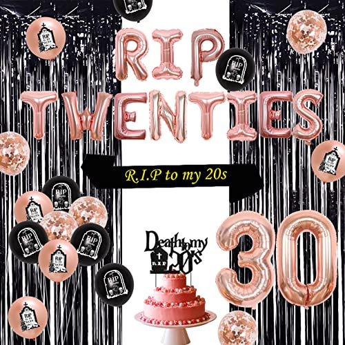 30. Geburtstag Dekorationen Rose Gold für Frauen Mädchen, Rip zu meiner Jugend Ballons, Rip Twenties Ballon, Cake Topper, Fransen Vorhang romantische dreißigsten Geburtstag Party Supplies