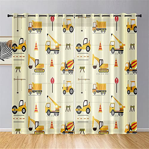 Hiseng Voile Vorhänge mit Ösen Durchsichtig Halbtransparent Ösenvorhang für Fenster Wohnzimmer Schlafzimmer Moderne und Elegante Transparent Gardine 2er Set (80x115cm,gelber Bagger)