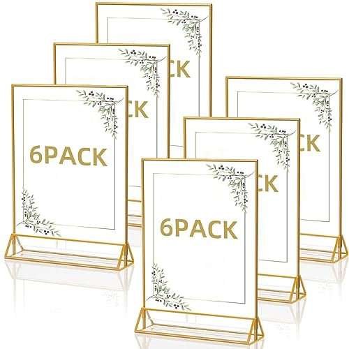Bluweet Doppelseitiger Bilderrahmen 6 Stück, A6 Gold Tischkartenhalter, Aufsteller im Staffelei-Stil, Goldrahmen für Hochzeit Tischnummern, Speisekartenhalter, Fotorahmen Werbeaufsteller Tabellenmenü