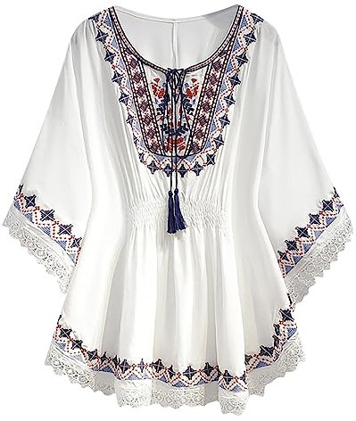 AMhomely Tops for Women UK Plus Size Vintage Ethnic Short Sleeve V Neck Loungewear Tops Lighweight Gypsy Tops Embroidery Loose Fashion Vest Stretch Basic Tee Shirts 150 White XXL