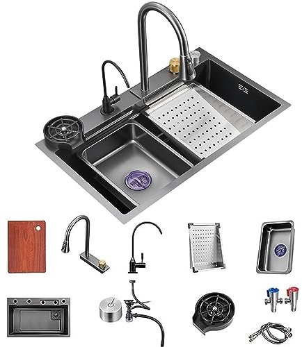 Schwarz Edelstahl Spüle - Einzelbeckenspüle Aus Edelstahl 304, Küchenspüle Mit Schneidebrett, Tassenwaschmaschine, Schwarzes Quadrat, Flying Rain-Wasserfall, Unterbau-Arbeitsplatz