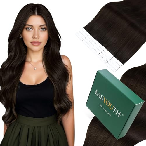 Easyouth Extensions Echthaar Tapes Braun Echthaar Extension Tape Dunkelstes Braun Tape in Extensions Menschenhaar Weich #2 30cm 30g