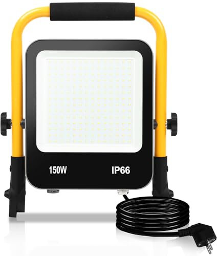 Sonnewelt LED Baustrahler Flutlicht 2 x 150W 13000LM Tragbares Flutlicht Baulampe IP66 Wasserdicht LED Arbeitsleuchte 6000K Kaltweiß mit Stecker, 3M Kabel, Faltbarer Ständer für Baustelle