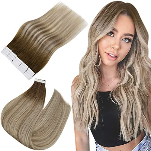 Easyouth Balayage Tape Extensions Echthaar Tape in Haarverlangerung Remy Tape in Extensions Dunkelbraun Mix Aschbraun und Mittelblond 3/8/22 18Zoll 50G 20Pcs