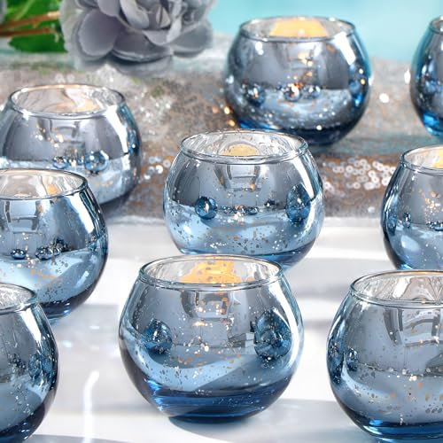 LAMORGIFT Lot de 12 photophores bleus en verre mercure, centres de table bleus pour décoration de fête prénuptiale, décoration de table de mariage