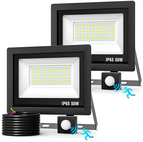 Realky 50W Led Strahler Außen mit Bewegungsmelder, 5000LM Ultrahelle Led 6500K Kaltweißs Fluter Licht IP65 Wasserdicht Lampe Aussen mit Bewegungsmelder für Terrasse Wand Garage Vorhof - 2 Stücke