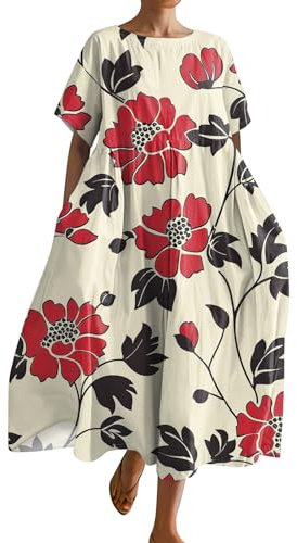 Robe Rose Vetement en Lin Robes Longues Femmes Été Robe Bohème Grande Taille Robe Blanche Femme Summer Dresses for Women Robe Vintage Femme Robe Boheme Femme Robe Femme Ete Rouge M