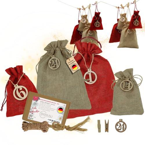 Adventskalender zum Befüllen XXL DIY Set 24 Beutel Stoff Groß & Klein | Rot & Beige Natur | Holzanhänger Zahlen Schnur Jutesäckchen | Wiederverwendbar Kinder & Erwachsene