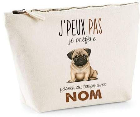 Trousse Personnalisable Chien Passer du temps avec Prénom Nom | Pochette Maquillage Toilette Make-Up - Idée Cadeau Personnalisé Original pour propriétaire de chien (Carlin)