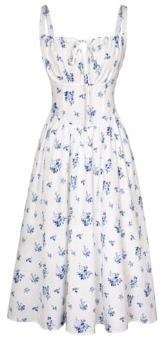 SCARLET DARKNESS Robe à fleurs victoriennes pour femme - Corset médiéval - Robe à bretelles spaghettis, fleurs bleues et blanches, XL