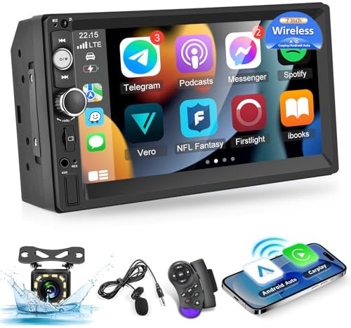 Radio 2 DIN con Carplay Inalámbrica & Android Auto - Radio Coche Bluetooth con Pantalla Táctil de 7 Pulgadas con Ecualizador, Enlace Espejo, Radio FM, Puerto TF/AUX/USB, SWC + Cámara de Marcha Atrás
