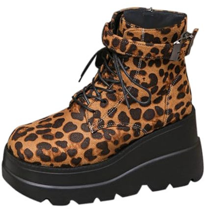 Stiefeletten Damen Schwarze Stiefel Damen Damen Frühling und Winter Runde Zehen Dickbesohlte Leopardenmuster Modische Schnürung Seitlicher Gummistiefel Damen Hoch Sommerstiefeletten Damen (Coffee, 36)