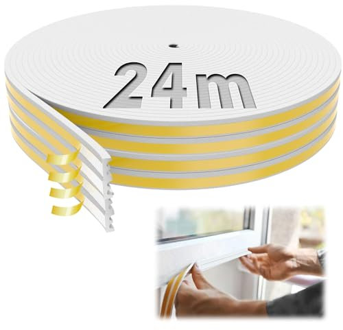 SWTYExt 24m Burletes para Ventanas Perfil E Tira de Sellado Junta Aislante Termico Ventanas Goma Burlete Ventana Corredera Antigolpes Blanca Autoadhesiva para Puertas Ventanas Madera Grietas y Huecos