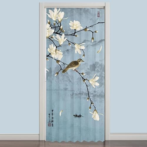 Porte accordéon pliante en plastique PVC avec motif fleur et oiseau bleu pour placard, cuisine, buanderie, porte accordéon intérieure (137,2 x 203,2 cm)